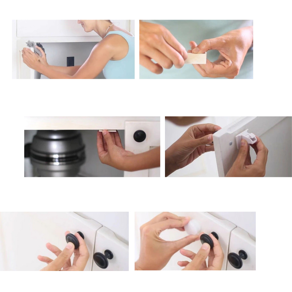Conjunto de 4 fechaduras magnéticas de segurança para armários, marca Mafanikio, com instalação visível para proteção infantil