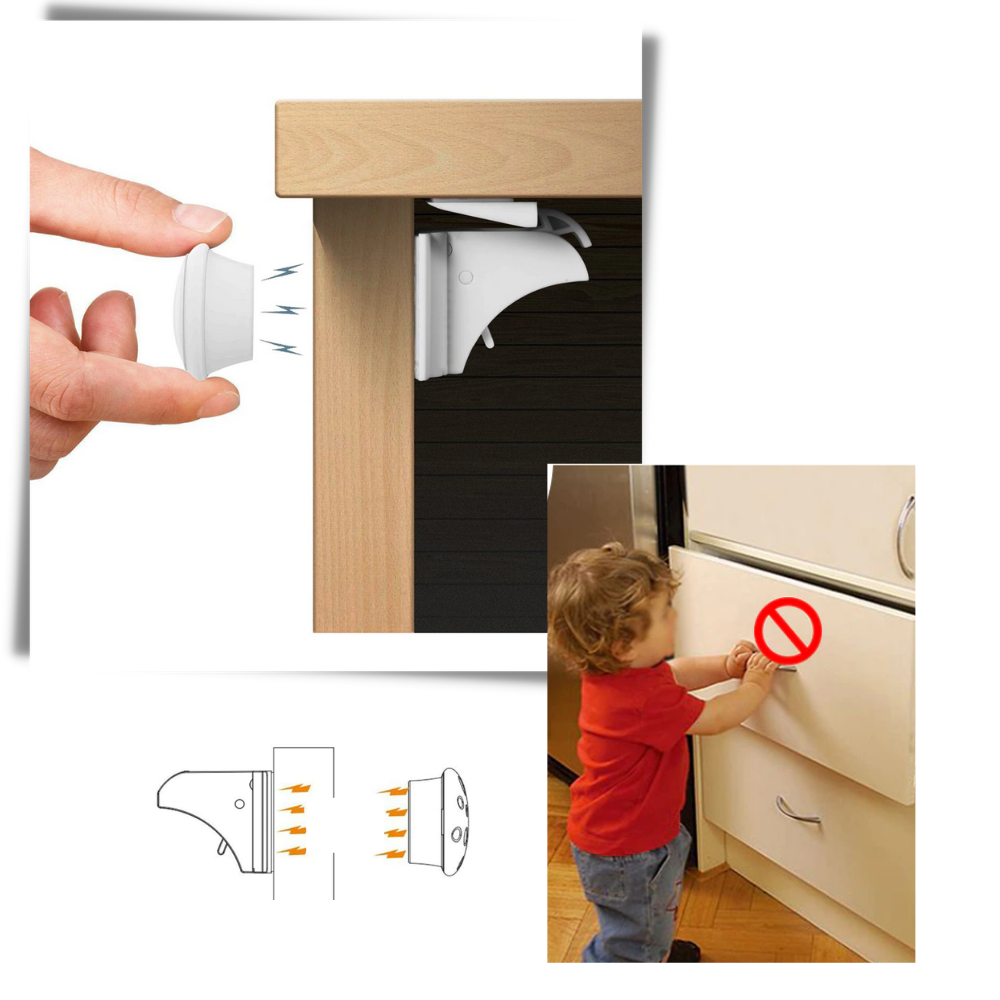 Conjunto de 4 fechaduras magnéticas de segurança para armários, ideal para proteger bebês e crianças pequenas.