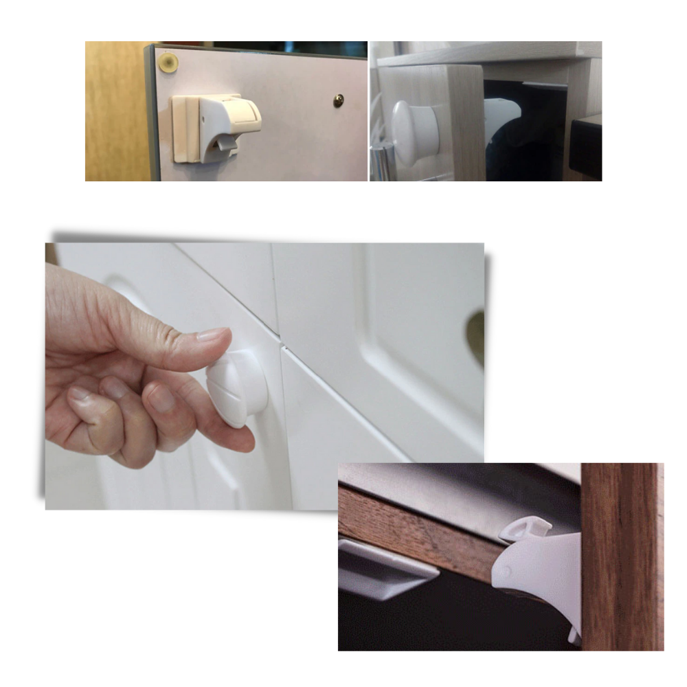 Conjunto de 4 fechaduras magnéticas da Mafanikio para segurança de armários e proteção infantil.