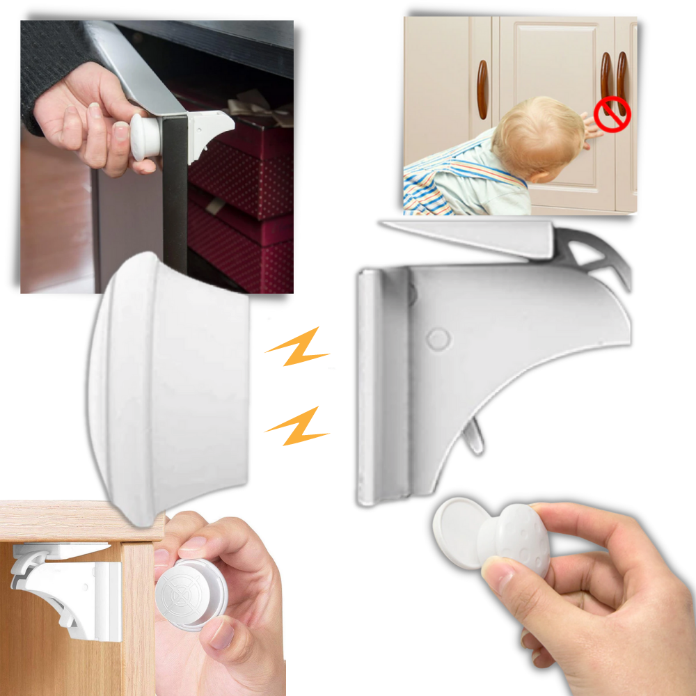 Conjunto de 4 ferrolhos magnéticos de segurança para armários, ideal para proteção infantil, marca Mafanikio, visual do produto.