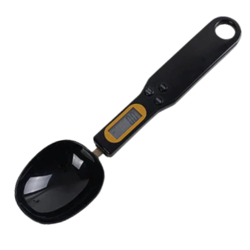 Colher de medição com balança e tela LCD preta, utensílio de cozinha para precisão no preparo de alimentos.
