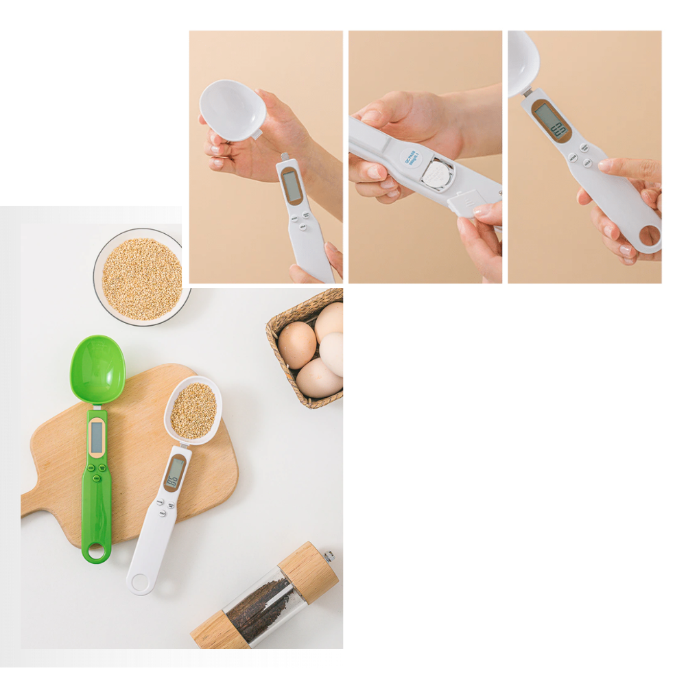 Cuillère à balance de mesure avec écran LCD, ustensile de cuisine intelligent, en plastique noir et écran digital visible.