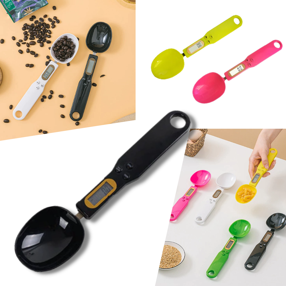 Culinary spoon with digital LCD scale for precise measurements, in a modern kitchen setting.