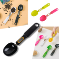 Culinary spoon with digital LCD scale for precise measurements, in a modern kitchen setting.