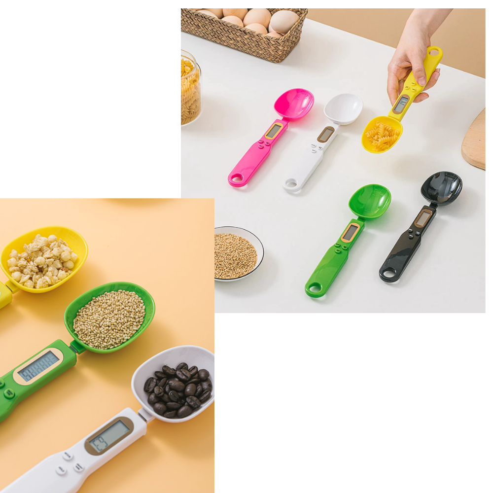 Colher de medição com balança e visor LCD, utensílio de cozinha funcional e preciso para ingredientes.