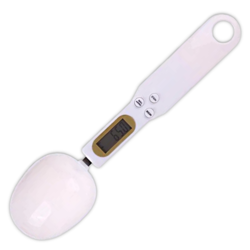 Colher de medição com balança e tela LCD branca, utensílio de cozinha para medir ingredientes com precisão.