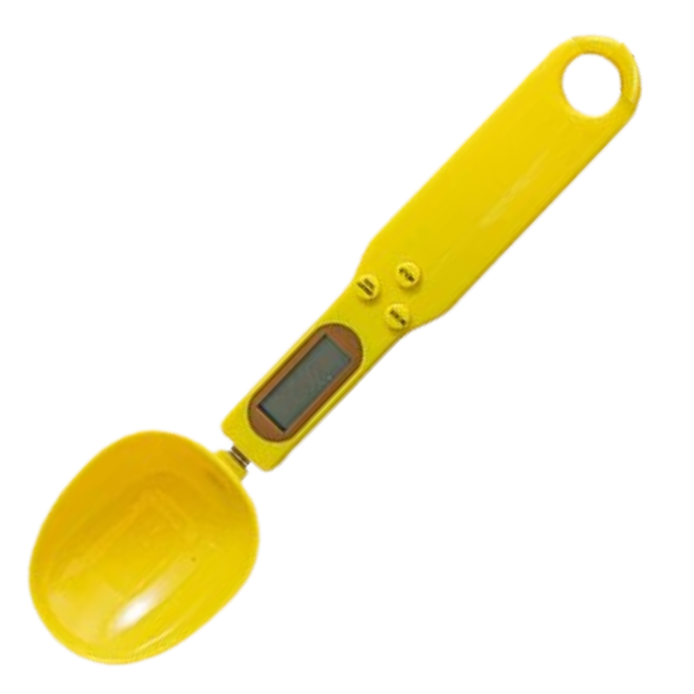 Colher de medição com balança e tela LCD amarela, utensílio de cozinha para precisão na pesagem de ingredientes.