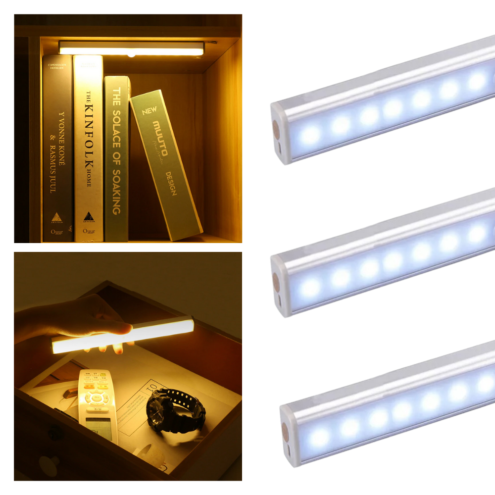 Luminária LED magnética Seenda com sensor de movimento, instalada em canto, iluminando com luz branca brilhante.