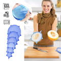 Conjunto de 6 tampas de silicone extensíveis para armazenamento de alimentos da marca Happybear, em cores variadas.
