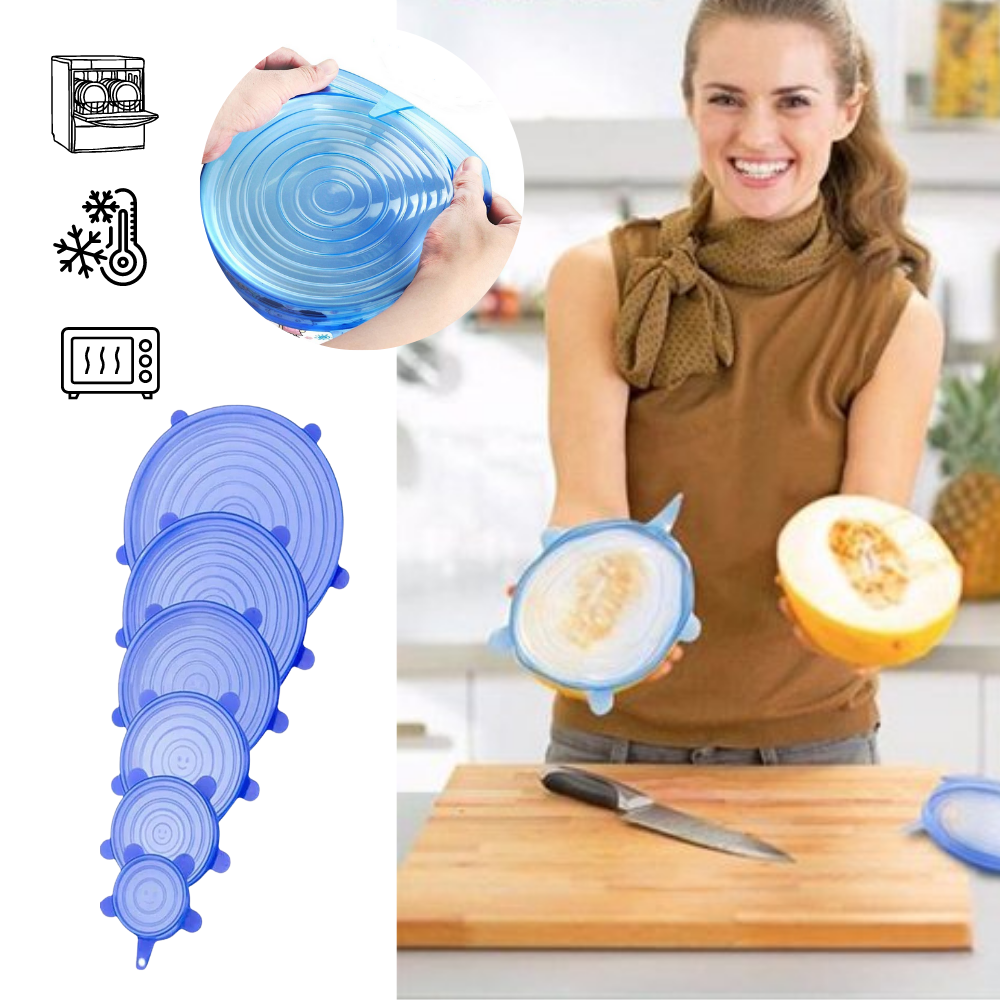 Conjunto de 6 tampas de silicone extensíveis para armazenamento de alimentos da marca Happybear, em cores variadas.