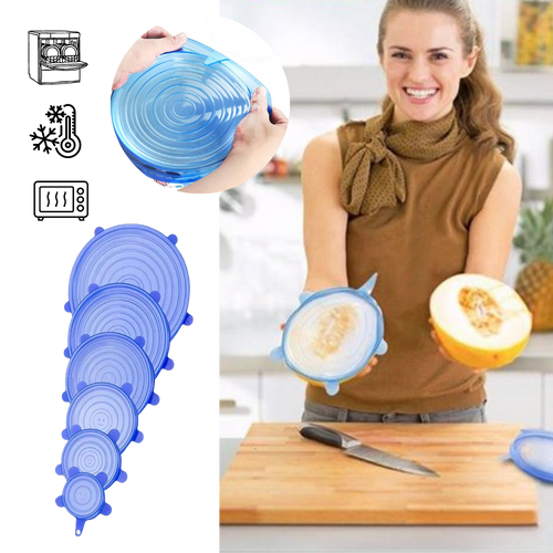 Conjunto de 6 tampas de silicone extensíveis para armazenamento de alimentos da marca Happybear, em cores variadas.