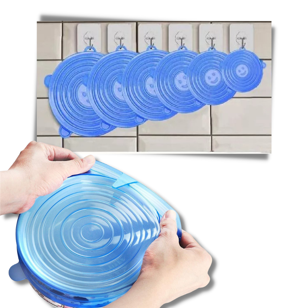 6 tampas de silicone extensíveis Happybear para armazenamento de alimentos, adaptáveis e flexíveis para diferentes potes.