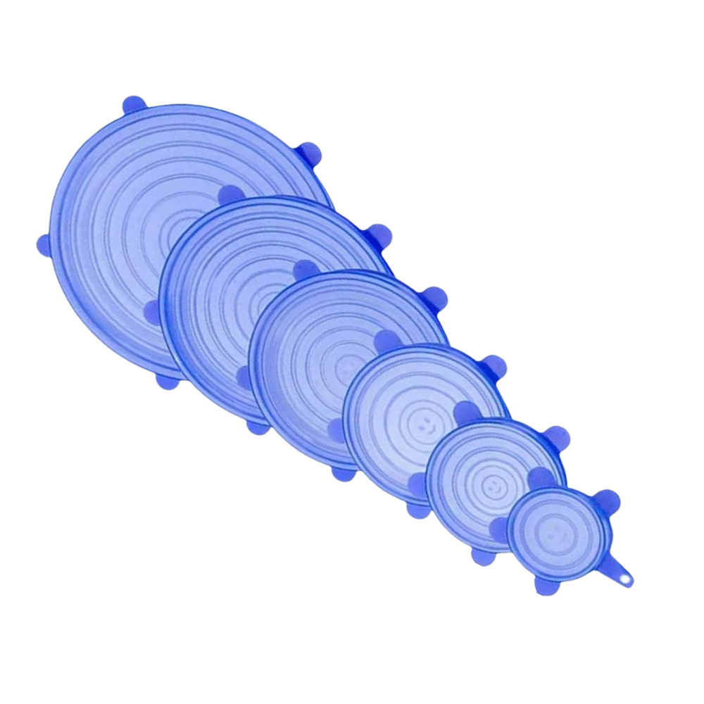 Conjunto de 6 tampas extensíveis de silicone azul para armazenamento de alimentos, da marca Happybear.