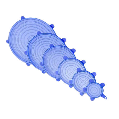 Conjunto de 6 tampas extensíveis de silicone azul para armazenamento de alimentos, da marca Happybear.