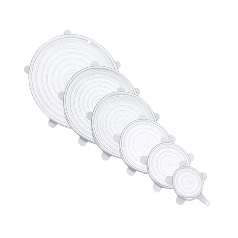 Conjunto de 6 tampas de silicone extensíveis para armazenamento de alimentos, transparentes, da marca Happybear