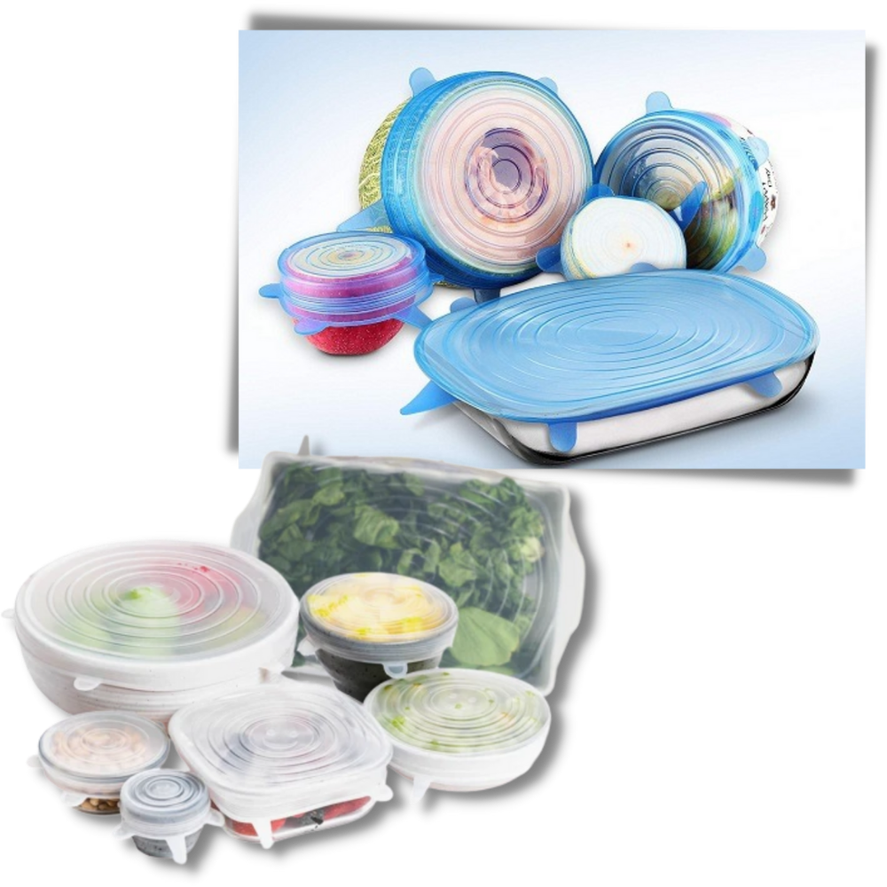 Conjunto de 6 tampas extensíveis de silicone para armazenamento de alimentos, marca Happybear, visíveis na imagem.