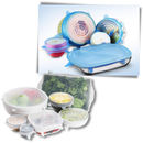 Conjunto de 6 tampas extensíveis de silicone para armazenamento de alimentos, marca Happybear, visíveis na imagem.