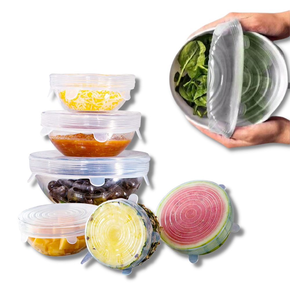 Tampas de silicone extensíveis para armazenamento de alimentos Happybear, com diferentes tamanhos para conservar alimentos frescos.