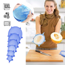 Conjunto de 6 tampas de silicone extensíveis para armazenamento de alimentos da marca Happybear, em cores variadas.