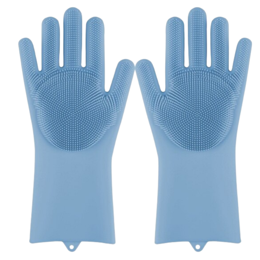 Luvas de silicone azuis para limpeza doméstica, resistentes e multifuncionais, ideal para lavar louças e tarefas de casa.