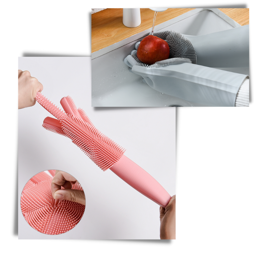 Luvas de silicone para lavar louça da Munchen, resistentes e multifuncionais, usadas para limpeza doméstica.