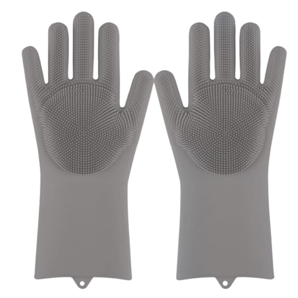Luvas de silicone cinza para limpeza doméstica, reutilizáveis, ideais para lavar louças e tarefas de cuidados com a casa.