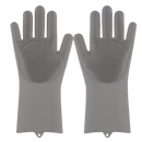 Luvas de silicone cinza para limpeza doméstica, reutilizáveis, ideais para lavar louças e tarefas de cuidados com a casa.