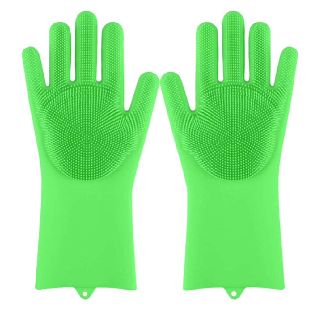 Luvas de silicone verdes da Munchen para limpeza doméstica, resistentes e multifuncionais para lavar louças e tarefas de casa.