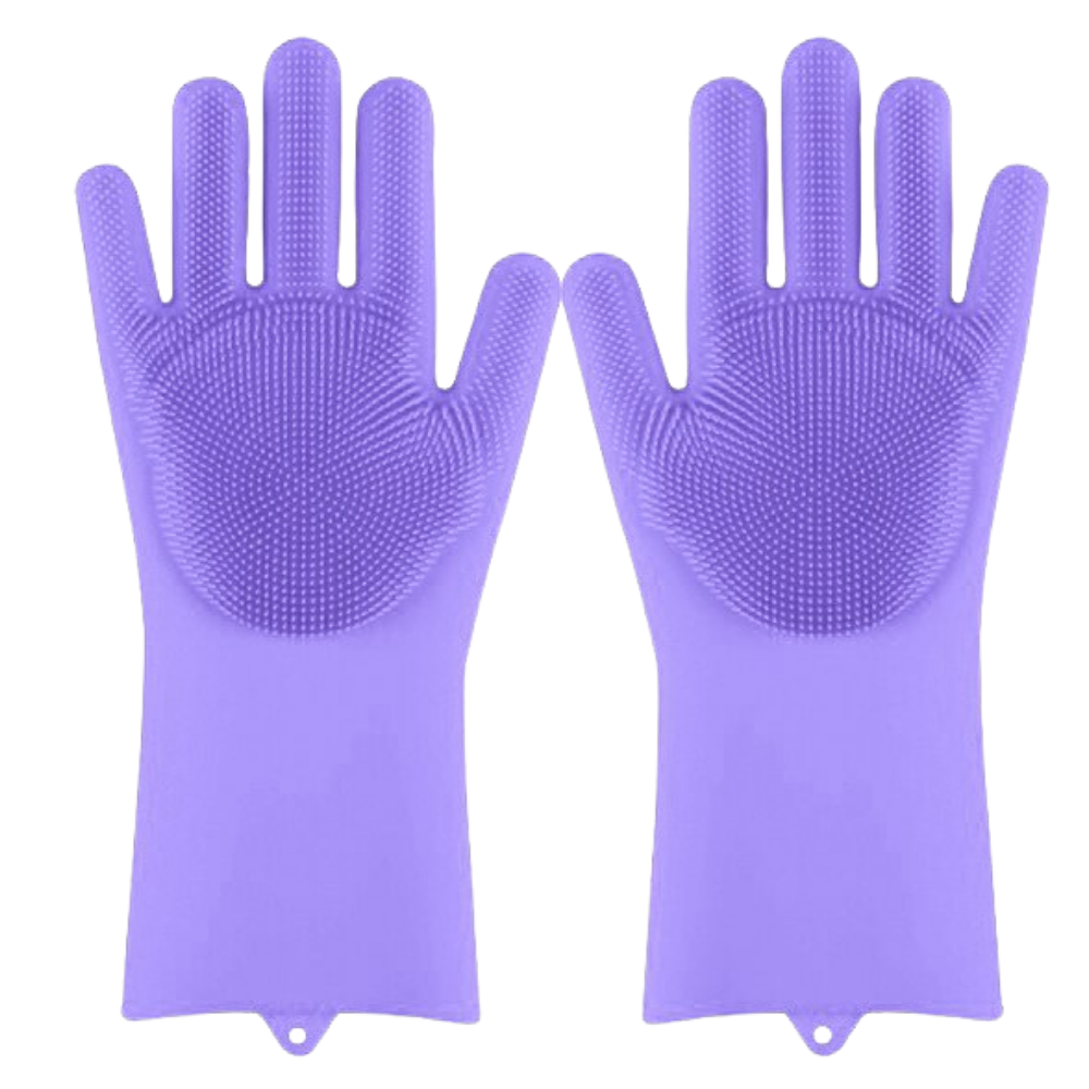 Luvas de silicone para limpeza doméstica da Munchen, cor roxa clara, usadas em tarefas de lavagem e manutenção da casa