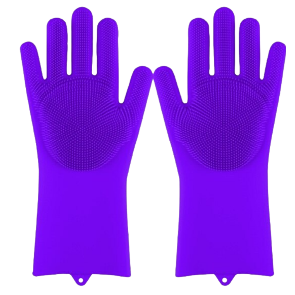 Luvas de silicone roxas para limpeza doméstica, resistentes e reutilizáveis, ideal para lavar louças e tarefas de casa.