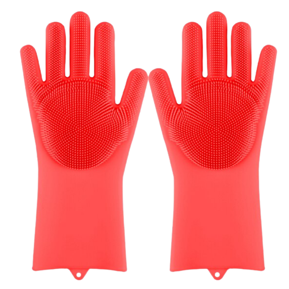 Luvas de silicone vermelhas para limpeza doméstica, resistentes e reutilizáveis, ideal para lavar louças e tarefas de casa.