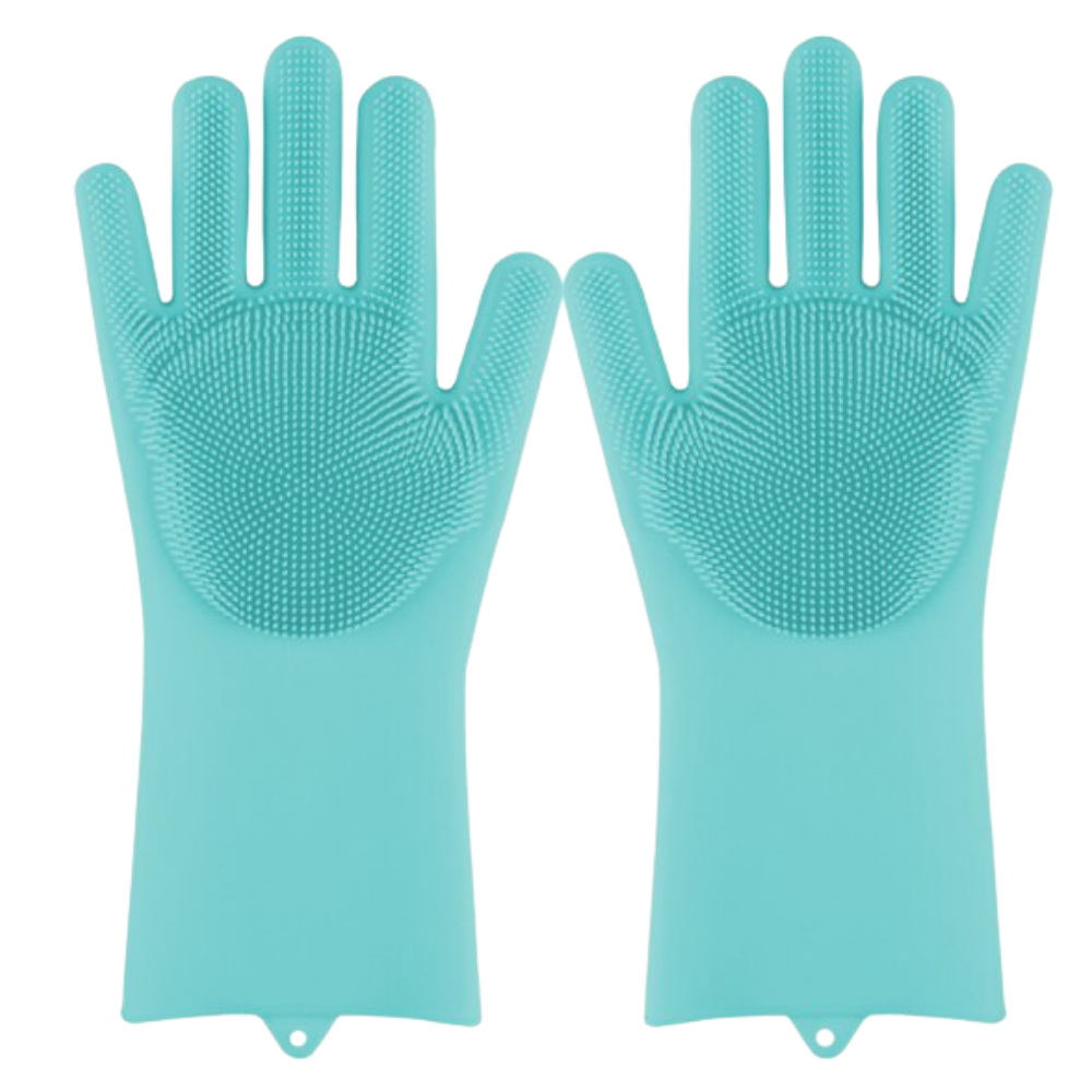 Luvas de silicone para limpeza doméstica da marca Munchen, cor azul claro, usadas para lavar louças e tarefas de limpeza.