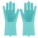 Luvas de silicone para limpeza doméstica da marca Munchen, cor azul claro, usadas para lavar louças e tarefas de limpeza.