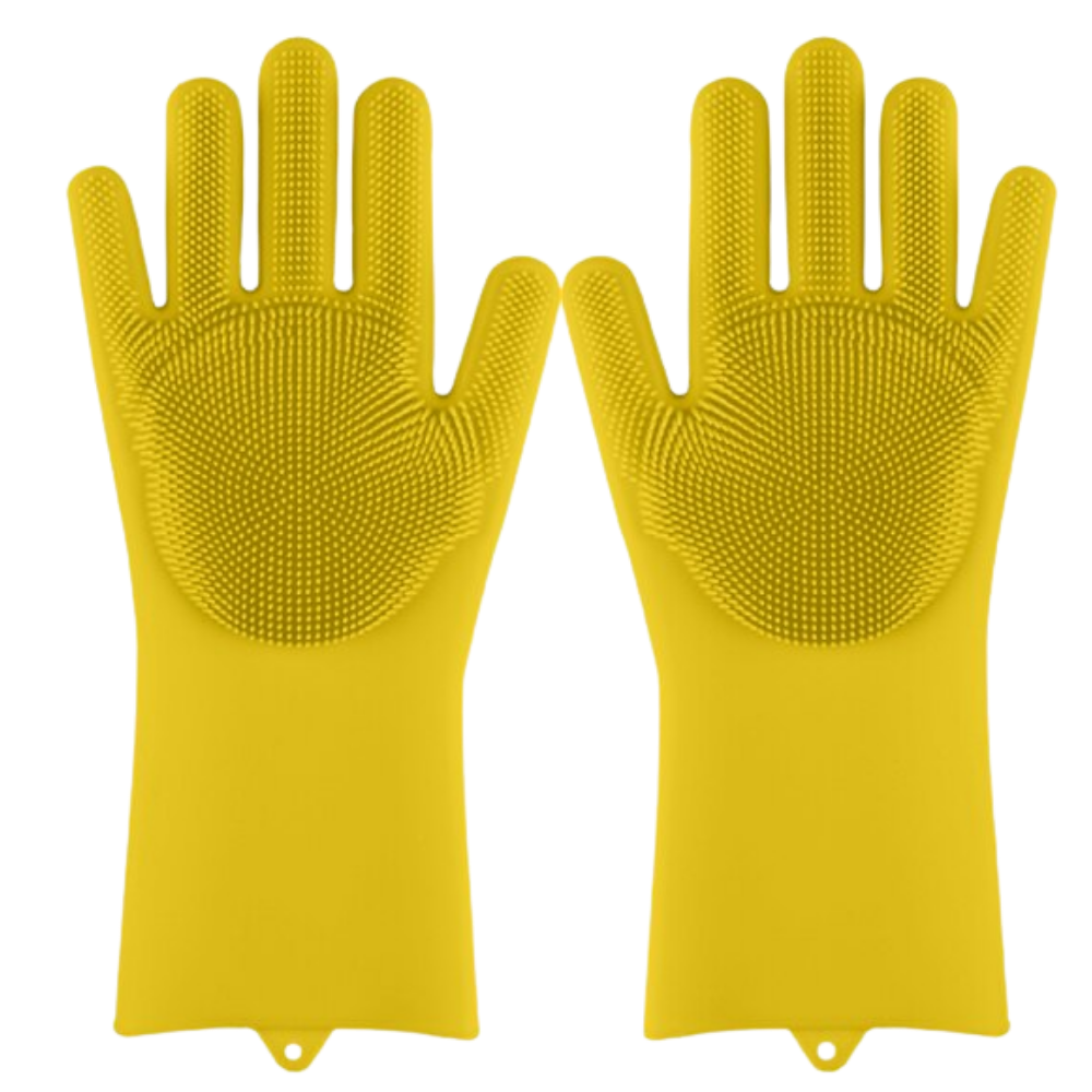 Luvas de silicone amarelas para limpeza doméstica, resistentes e multifuncionais, da marca Munchen, usadas em tarefas de lavagem.