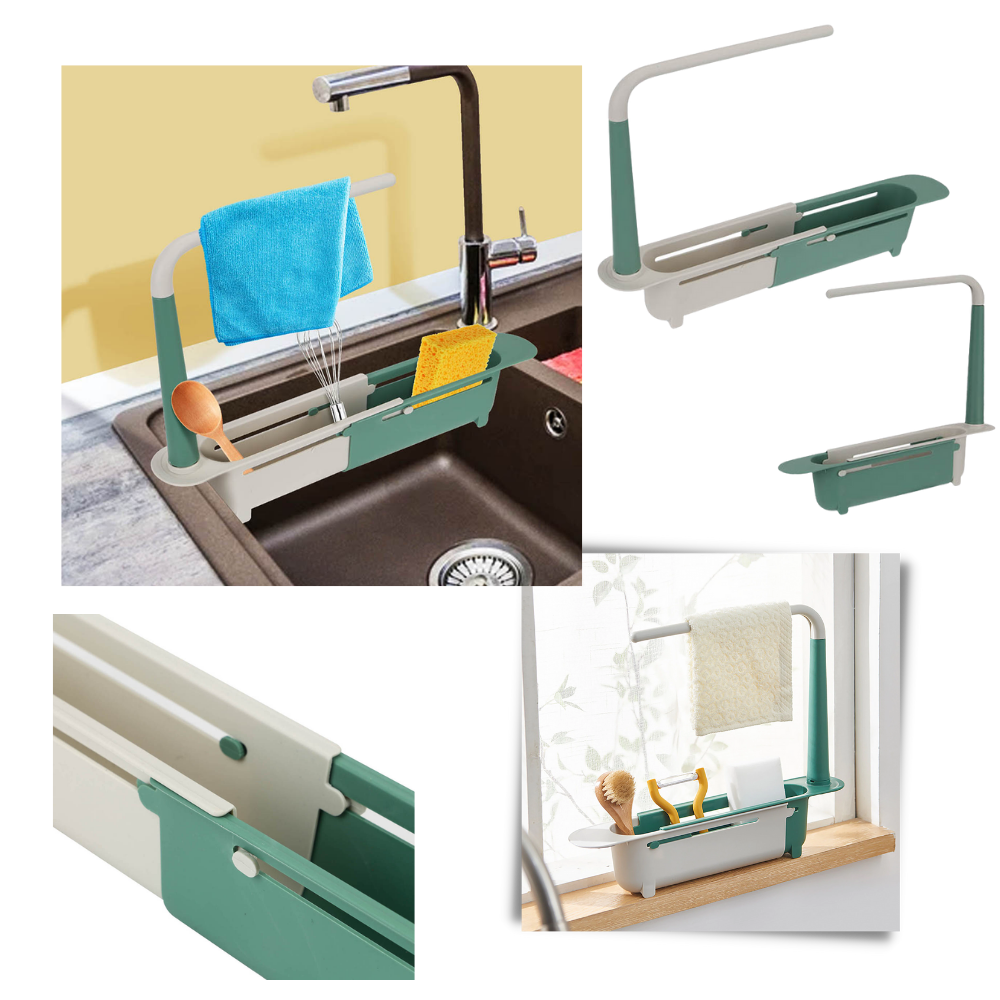 Prendedor de suporte extensível para pia de cozinha da marca Deago, ideal para organizar utensílios e acessórios de forma prática.