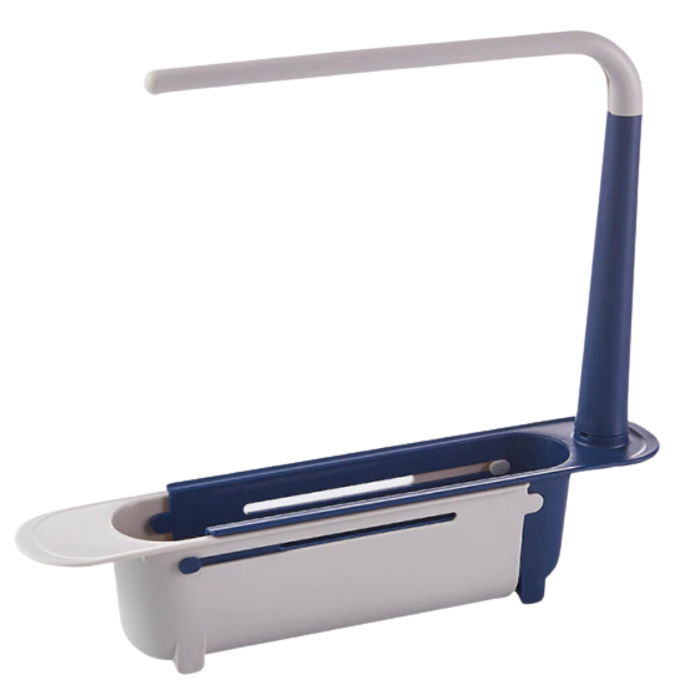 Suporte de armazenamento extensível para pia Deago, rack de utensílios de cozinha azul com design prático e ajustável.