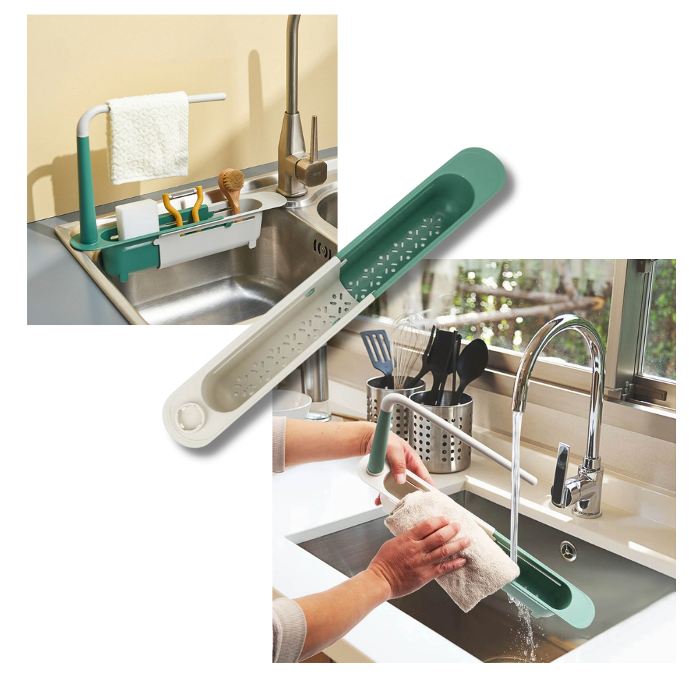 suporte de armazenamento extensível para pia, acessório de cozinha da marca Deago para organizar utensílios.