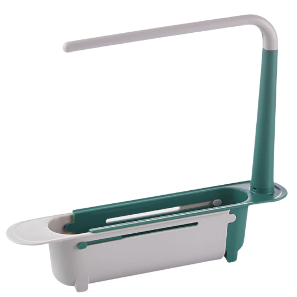 Suporte de armazenamento extensível para pia Deago, organizador de utensílios de cozinha em verde, ajustável e prático.