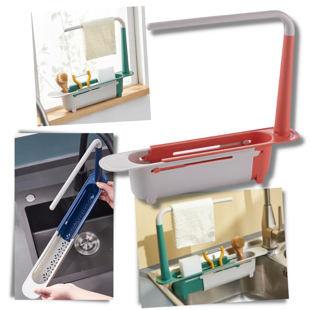 Suporte de armazenamento extensível para pia, acessório de cozinha Deago, com espaço para utensílios e organização eficiente.