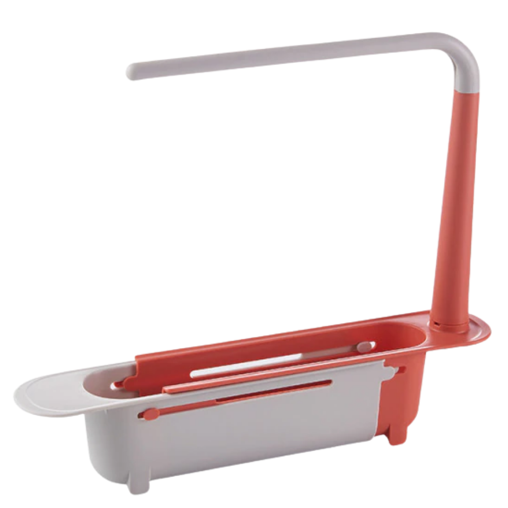 Suporte de armazenamento extensível para pia, acessório de cozinha da marca Deago, com acabamento vermelho e espaço para utensílios.