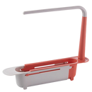 Suporte de armazenamento extensível para pia, acessório de cozinha da marca Deago, com acabamento vermelho e espaço para utensílios.