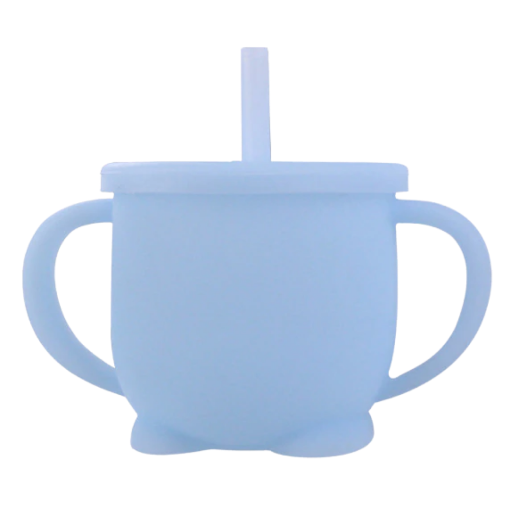 Tassa de silicone azul para bebês da Sunri, ideal para alimentação e aleitamento, com bico ergonômico e seguro.