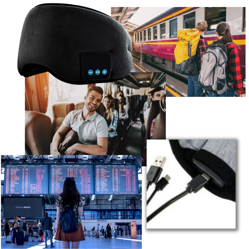Máscara de dormir Bluetooth Merotable com bateria integrada, ideal para ajudar a relaxar e melhorar o sono.