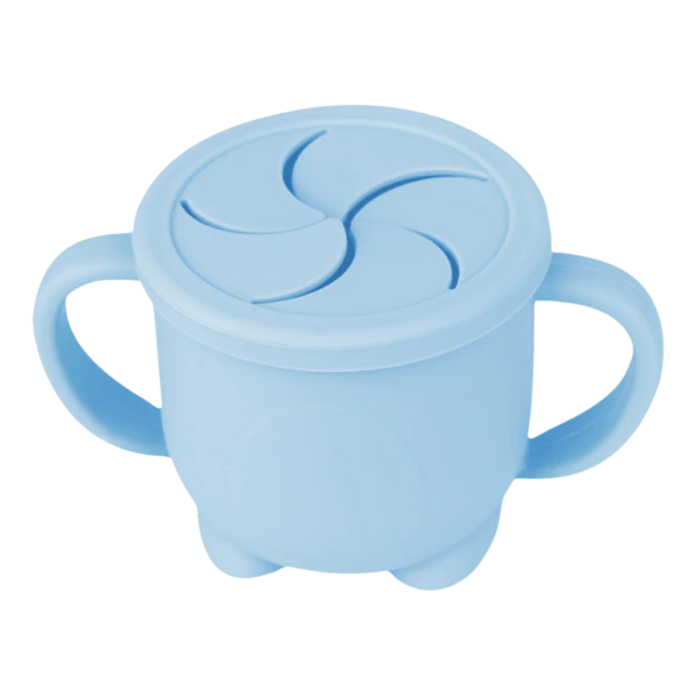 Copo de lanche para bebê da Homyl, ideal para alimentação e amamentação, com compartimento para snacks em azul.