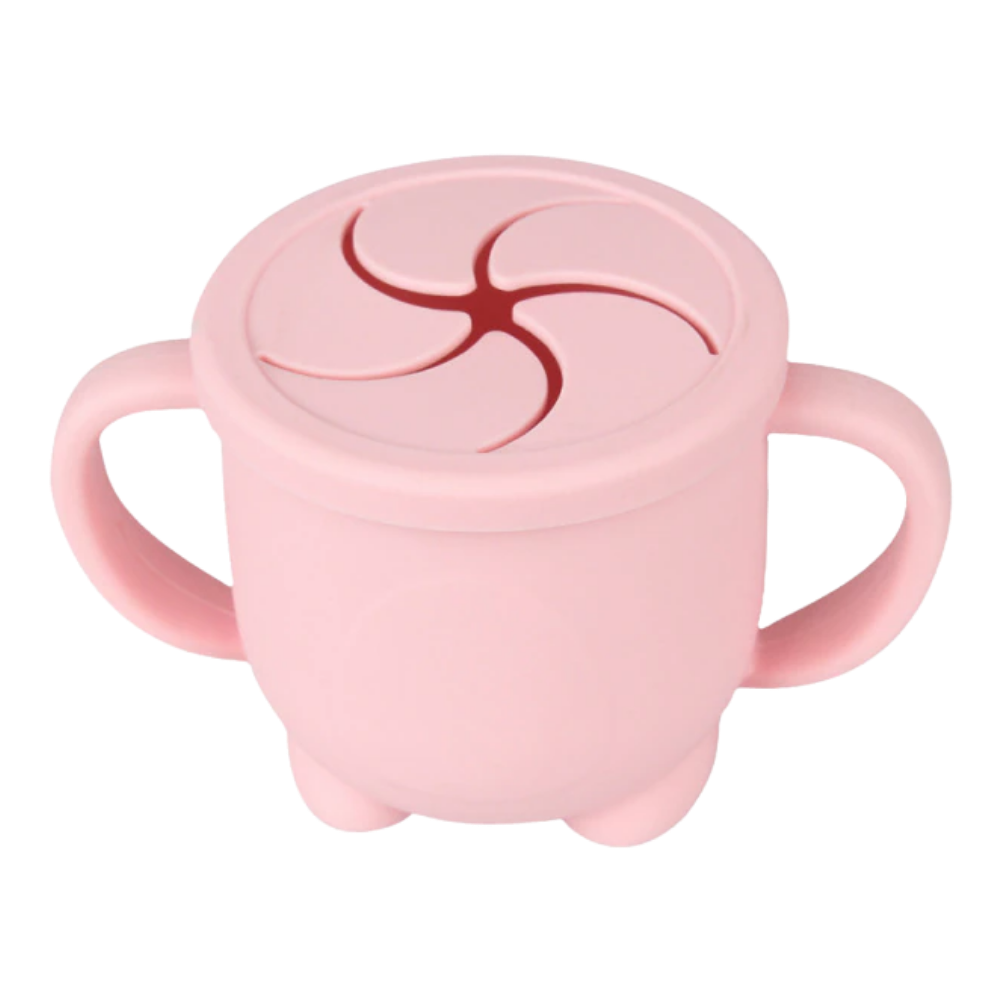 Copo de lanche para bebê da Homyl, com tampa rosa, ideal para alimentação e snack durante a amamentação.