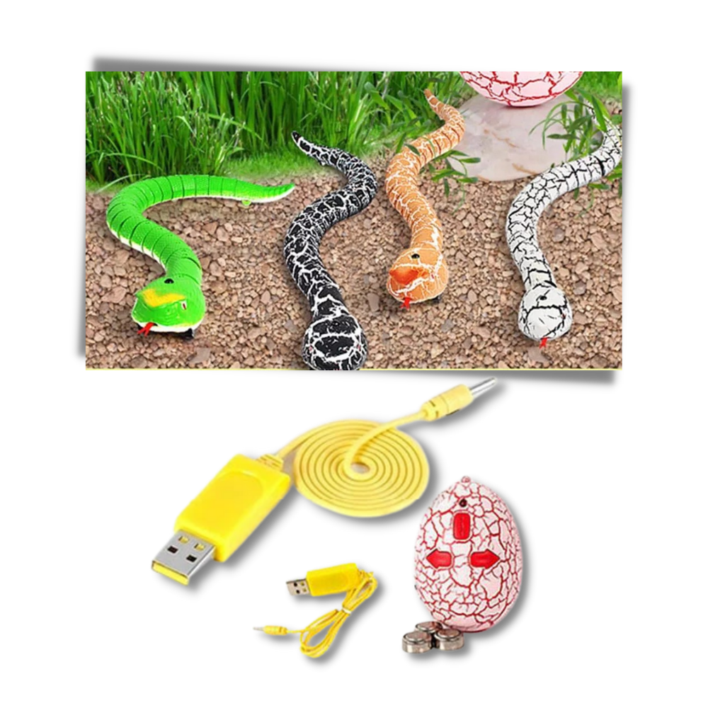 Brinquedo serpente interativo para gatos da marca Bsmean, com luzes e controle remoto, em processo de carregamento.