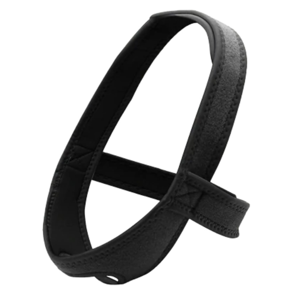 Aide para sono Mentonnière anti-ronflement Tebru na imagem, em preto, ajustada ao que parece ser o queixo e boca.
