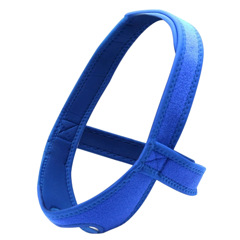 Mentonnière anti-ronflement Tebru com design azul para ajuda ao sono e redução do ronco, visível na imagem.