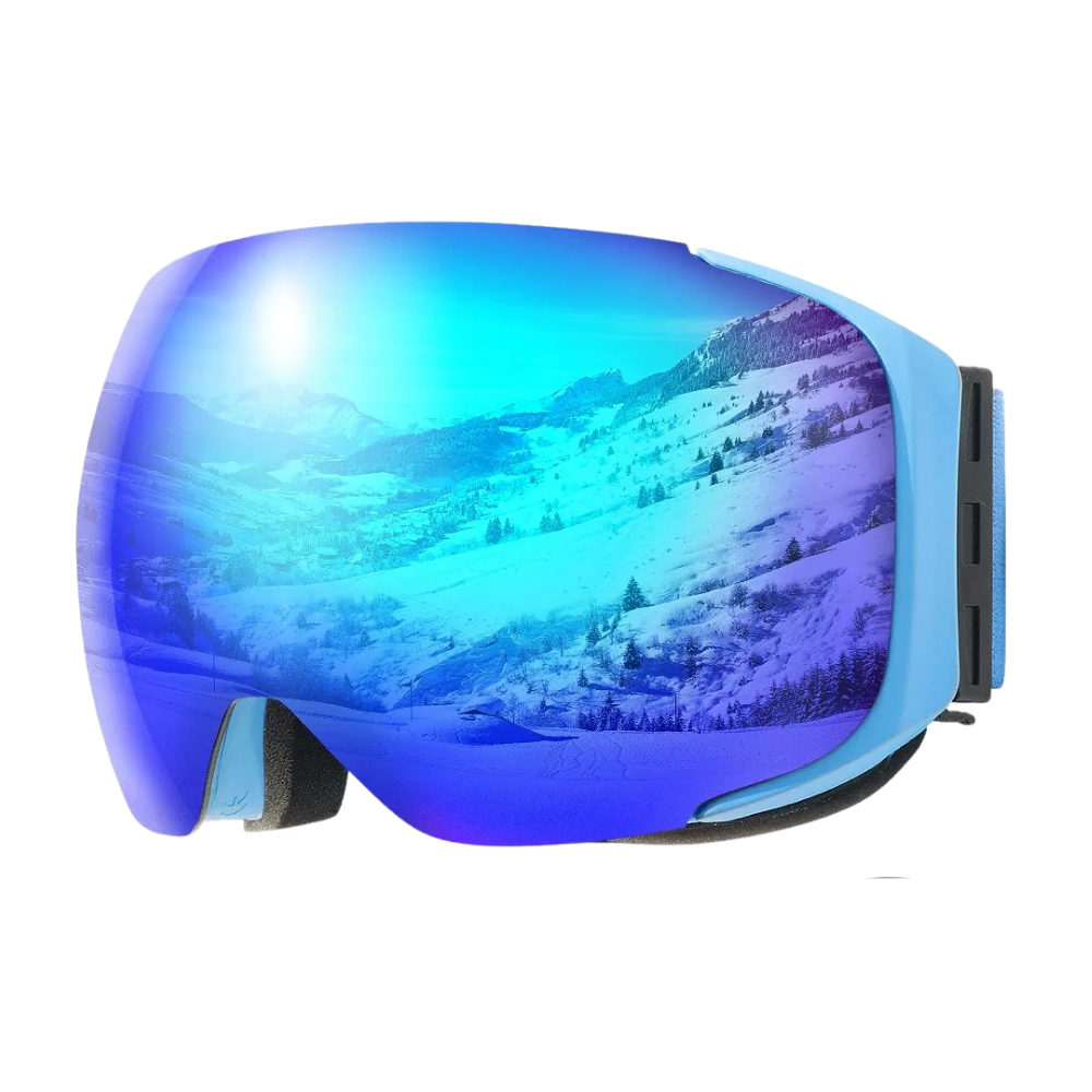 Óculos de proteção para neve Outdoormaster com armação azul e pack de lentes extras para atividades de inverno.