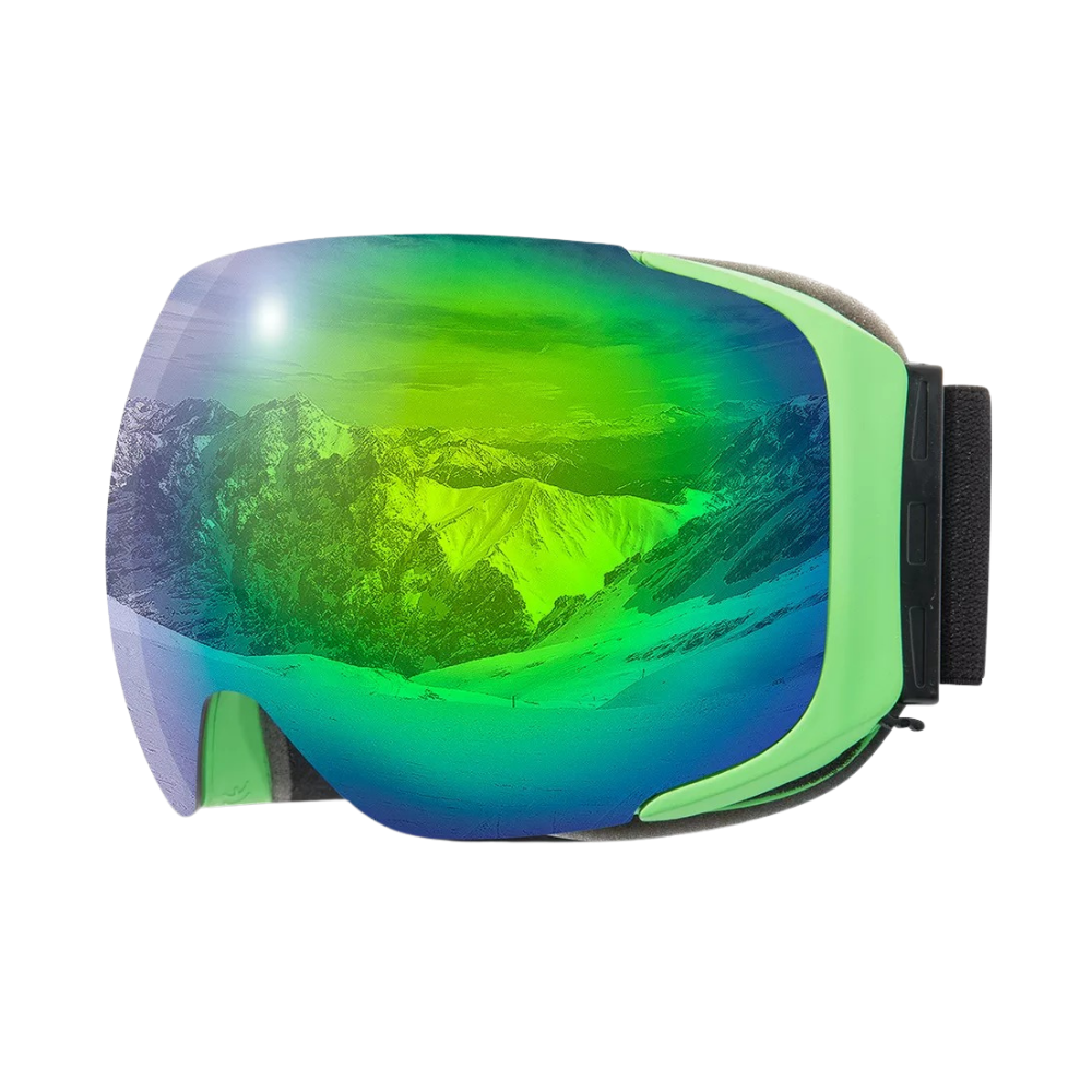 Óculos de proteção para neve Outdoormaster com lentes verdes, ideal para atividades e esportes de inverno com design esportivo.